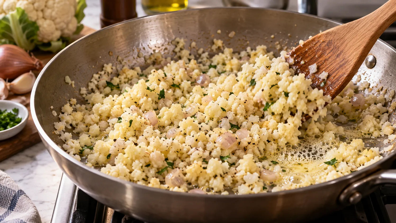Grob geriebene Blumenkohlröschen in reiskorngroßen Stücken werden in einer weiten Pfanne in schäumender Butter geschwenkt
