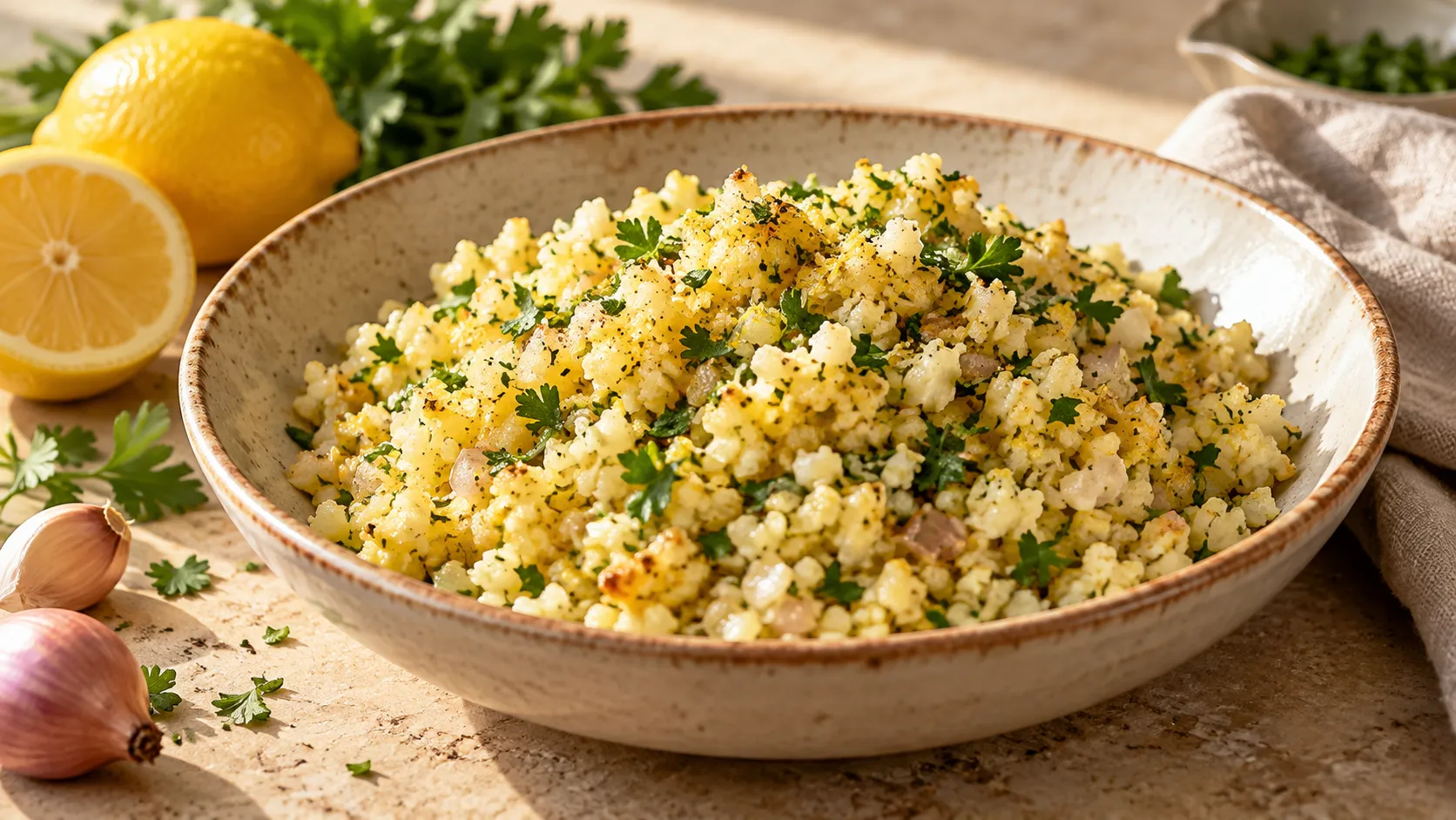 Körniger Keto-Blumenkohlreis mit brauner Butter und gehackter Petersilie in einer weißen Schale, daneben eine Gabel
