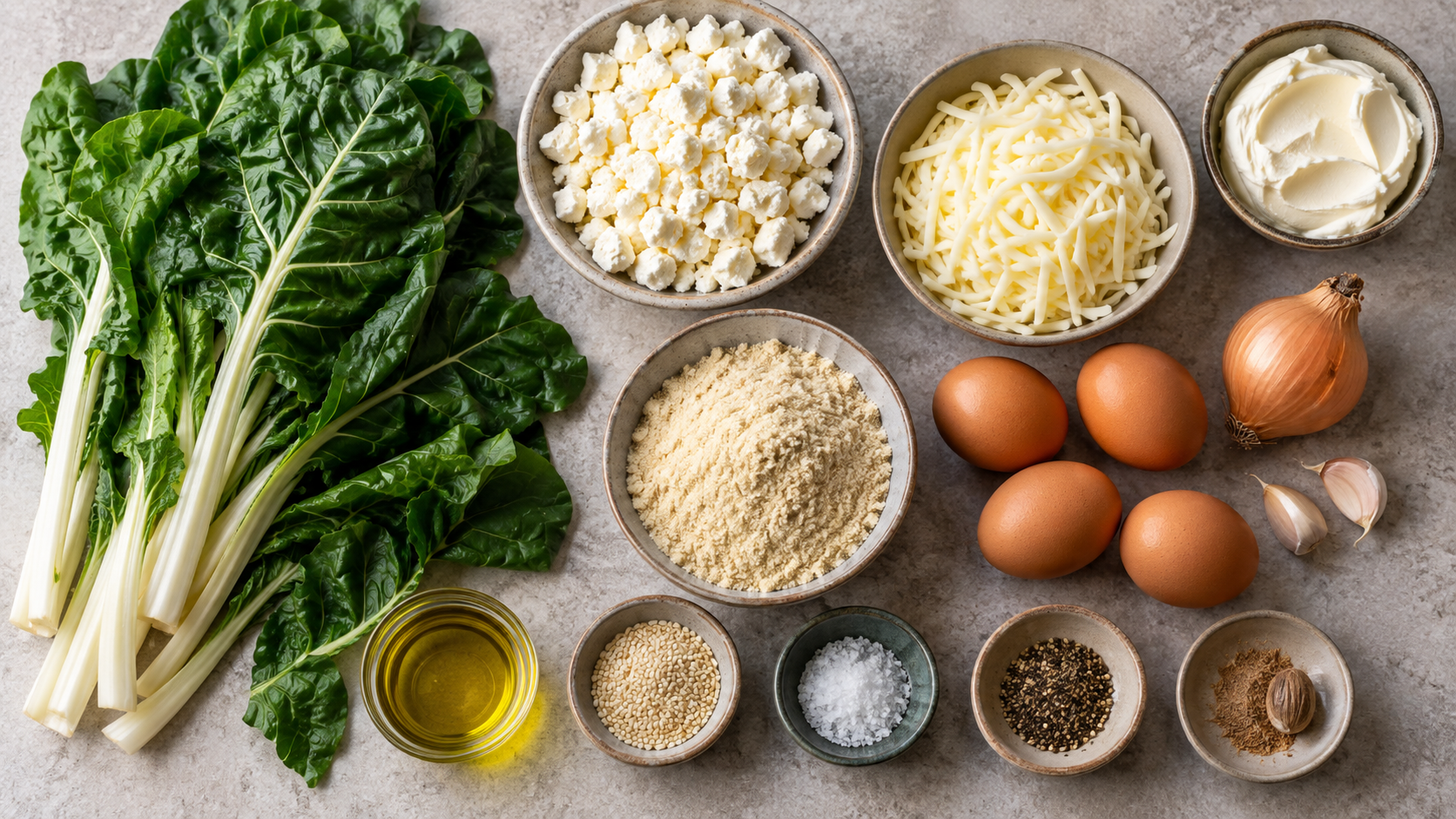 Zutaten für Keto-Börek: frischer Mangold, Feta-Käse, Mandelmehl, Mozzarella, Eier und Sesam