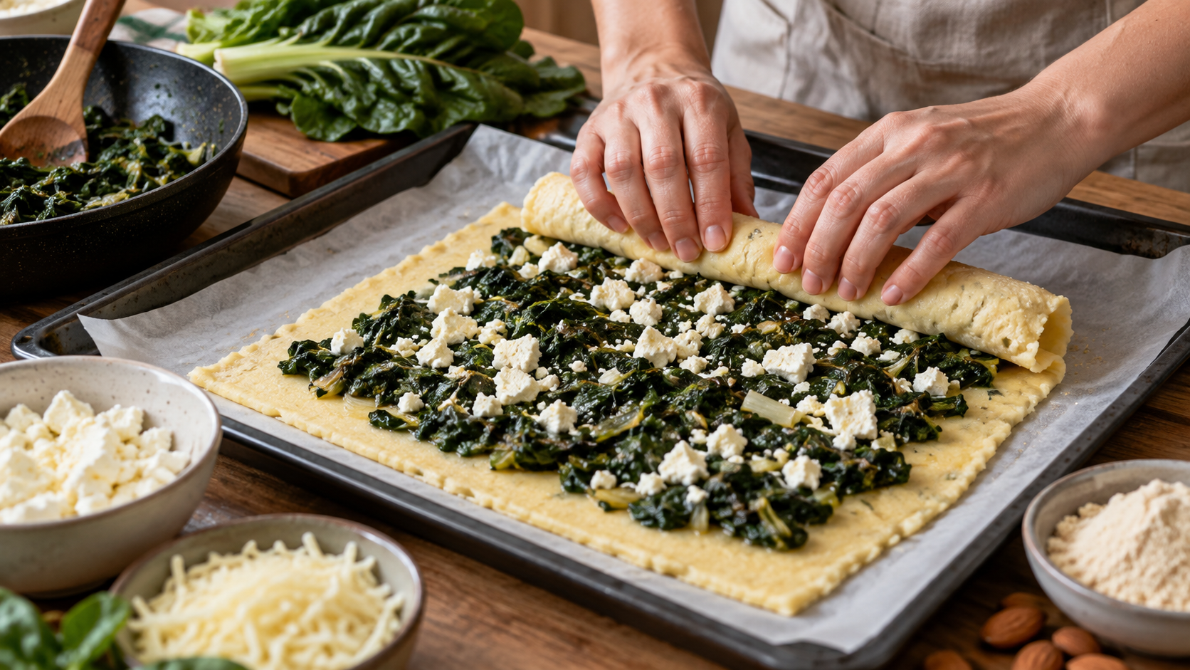 Ausgerollter Mandelmehl-Käseteig mit Mangold-Feta-Käse-Füllung wird zur Rolle geformt