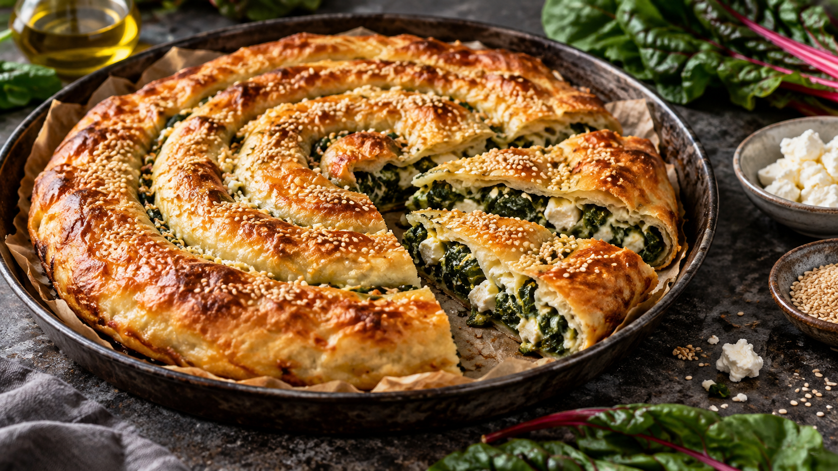 Aufgeschnittenes Keto-Börek mit Mangold-Feta-Käse-Füllung auf einem Blech mit Sesam bestreut