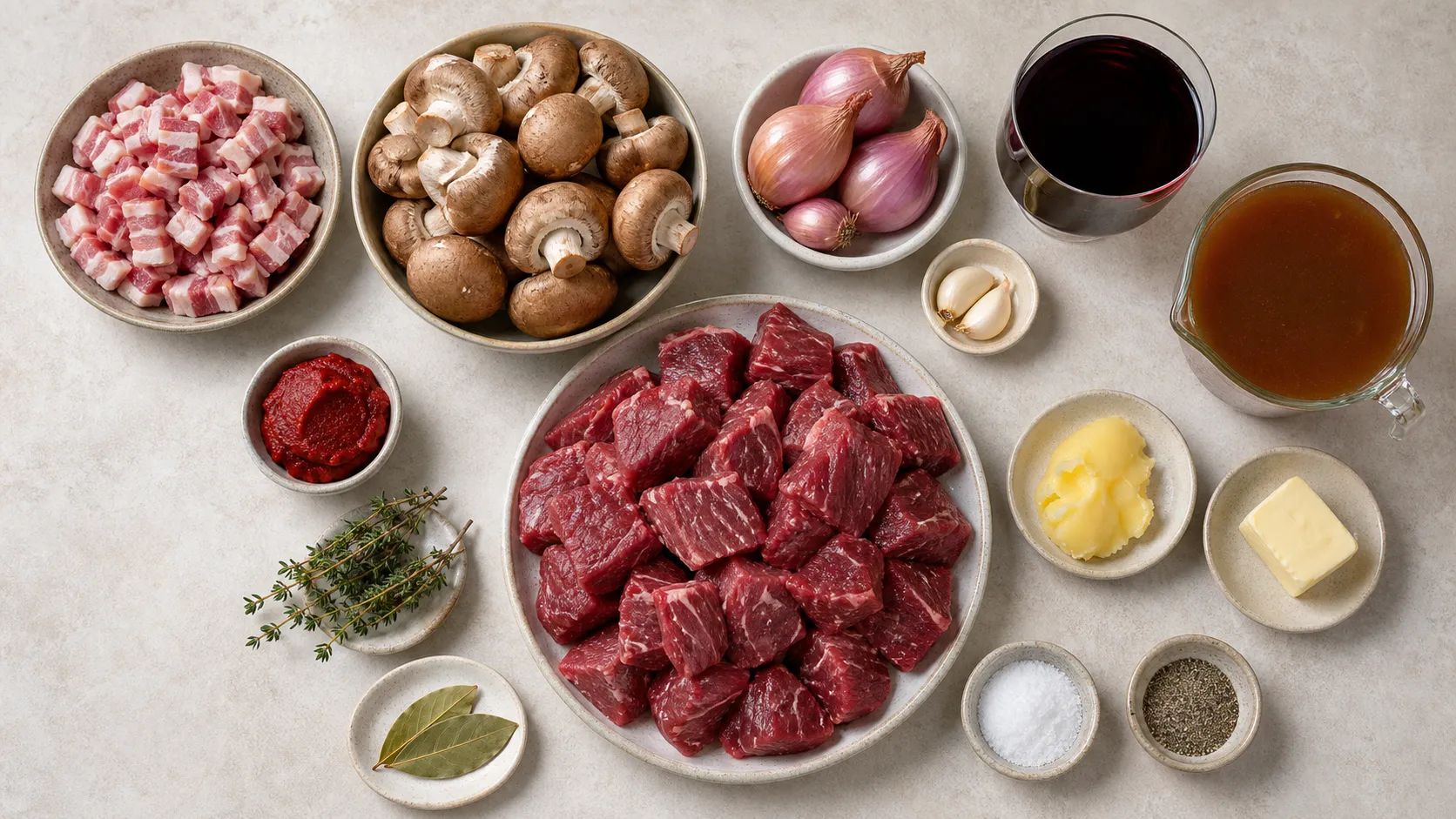 Zutaten für Keto Boeuf Bourguignon: Rindfleischwürfel, Speck, Champignons, Schalotten, Rotwein und Thymian