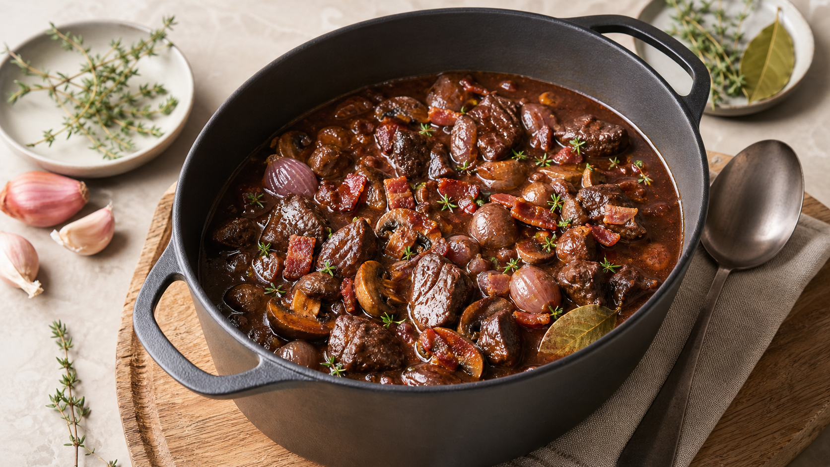 Keto Boeuf Bourguignon mit dunkler Rotweinsauce, Speck, Champignons und Schalotten im Schmortopf