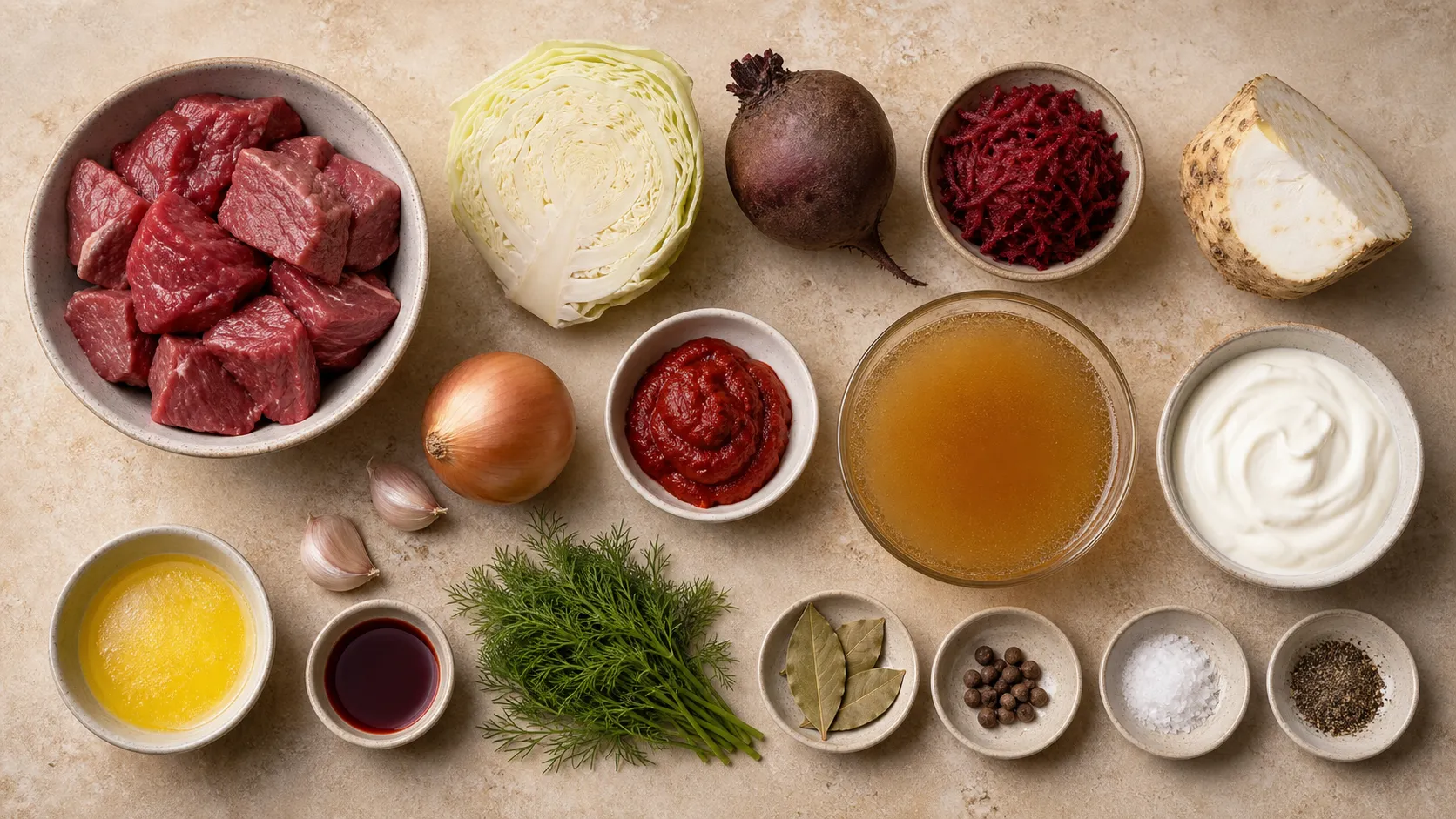 Zutaten für Keto Borschtsch: Rindfleisch, Weißkohl, Rote Bete, Sellerie, Zwiebel, Tomatenmark und Dill