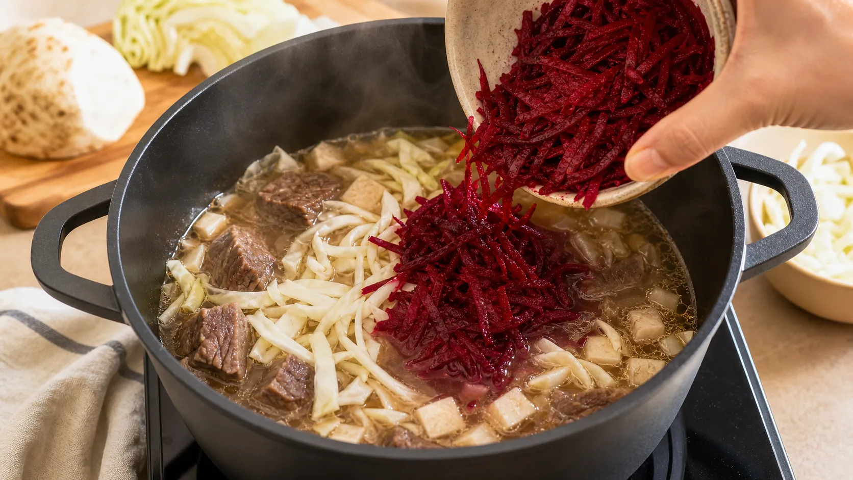 Rote Bete und Weißkohl köcheln mit Rindfleisch in einem großen Topf