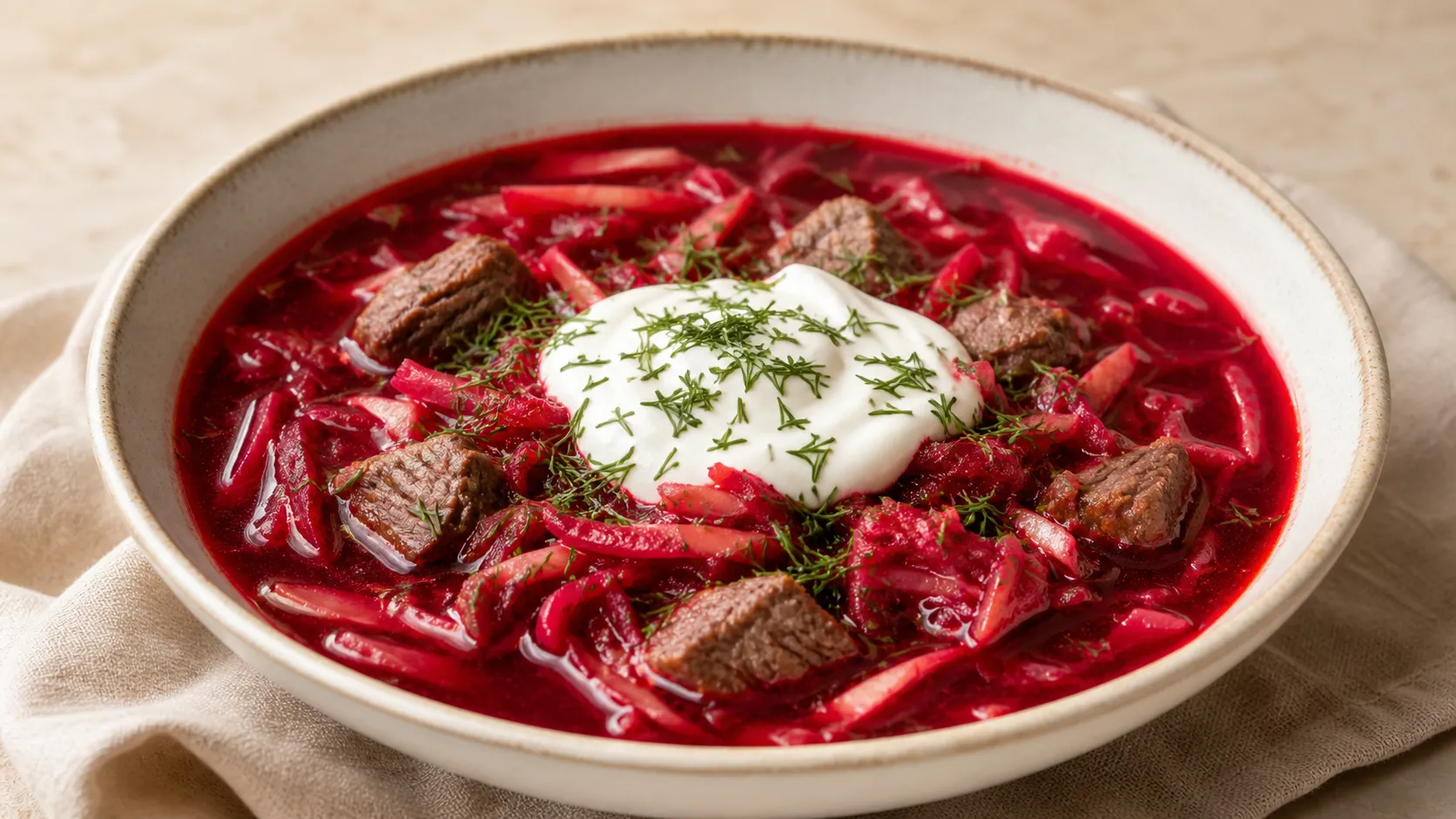 Tiefroter Keto Borschtsch mit Rindfleischstücken, einem Klecks Schmand und frischem Dill in einer Schale