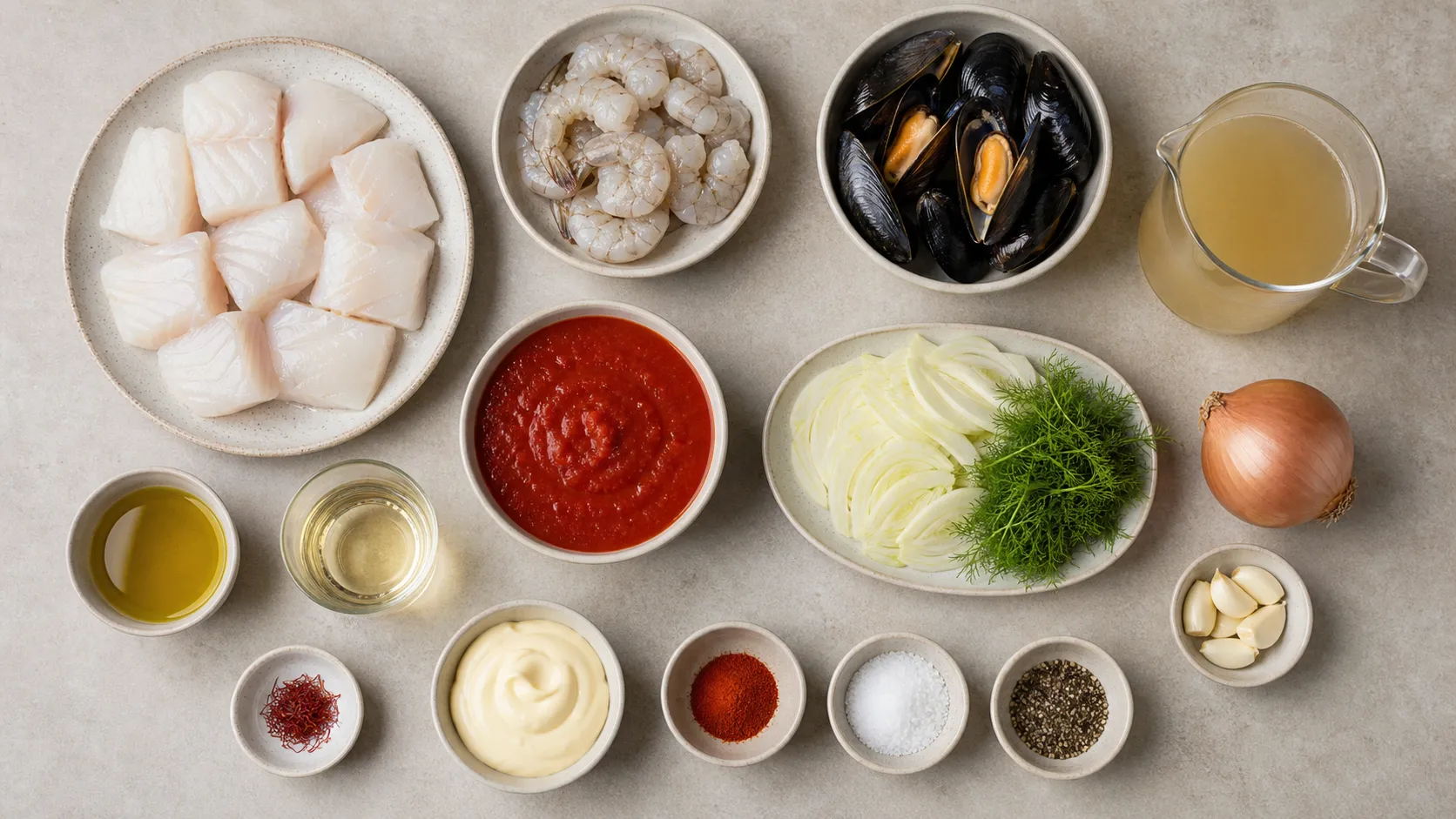 Zutaten für Keto-Bouillabaisse: Kabeljau, Garnelen, Miesmuscheln, Fenchel, Safran und Knoblauch