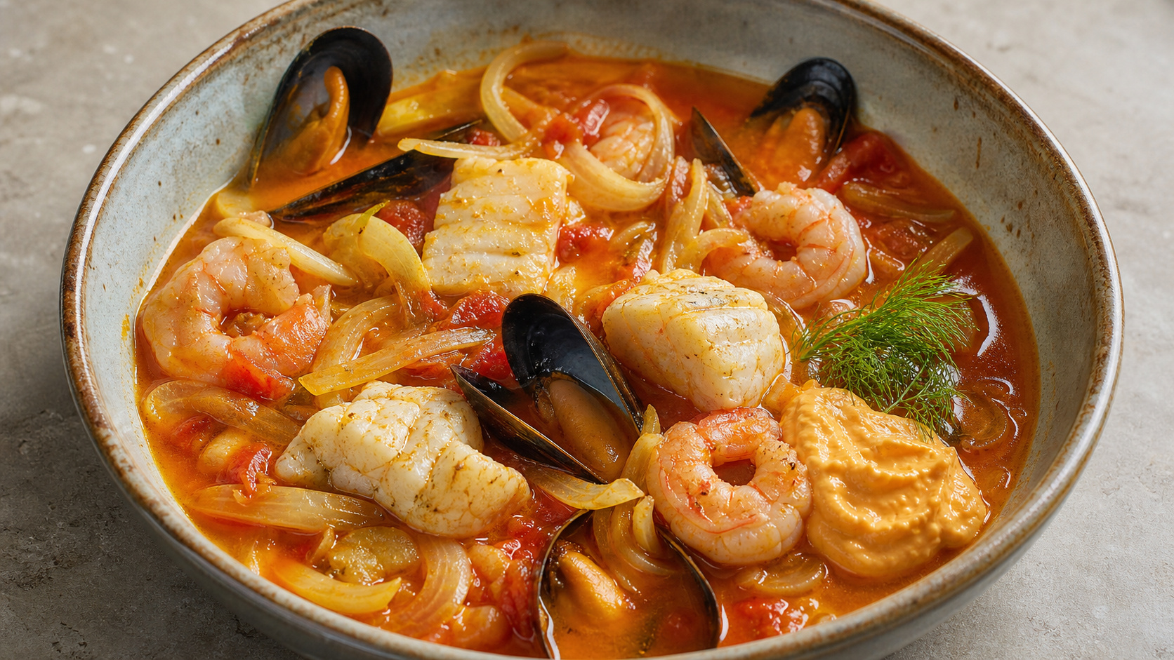 Keto-Bouillabaisse mit Fischstücken, Garnelen und Muscheln in safrangelber Brühe mit Rouille