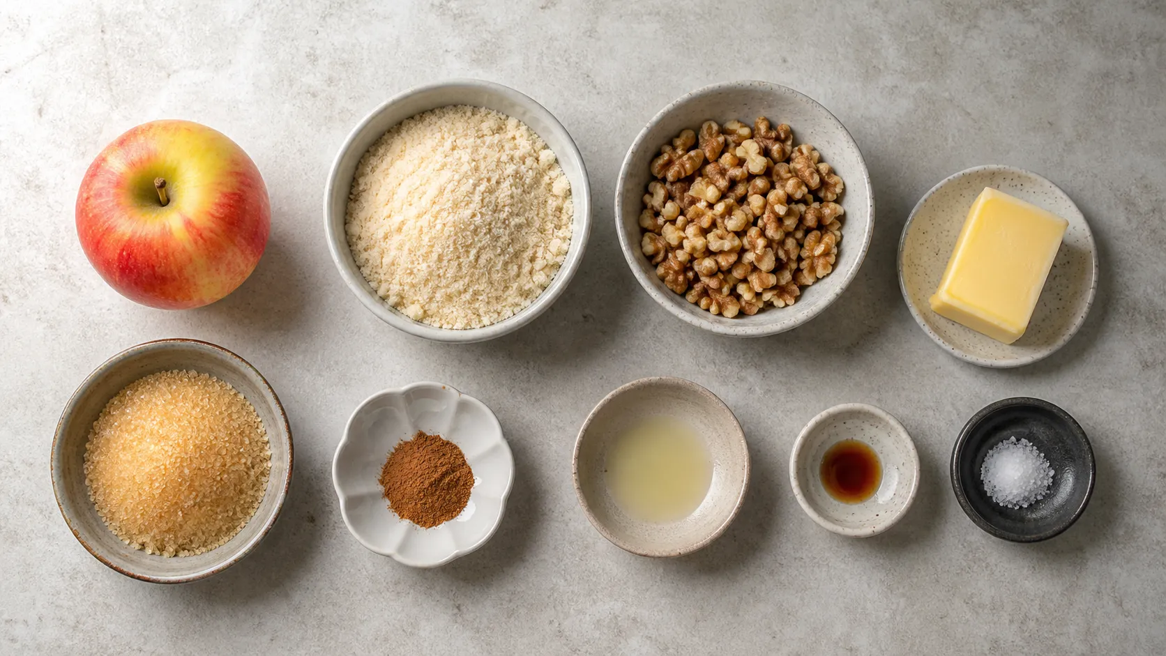 Zutaten für Keto-Bratapfel: ein kleiner Apfel, Mandelmehl, Walnüsse, Butter, Erythrit, Zimt und Bittermandelaroma