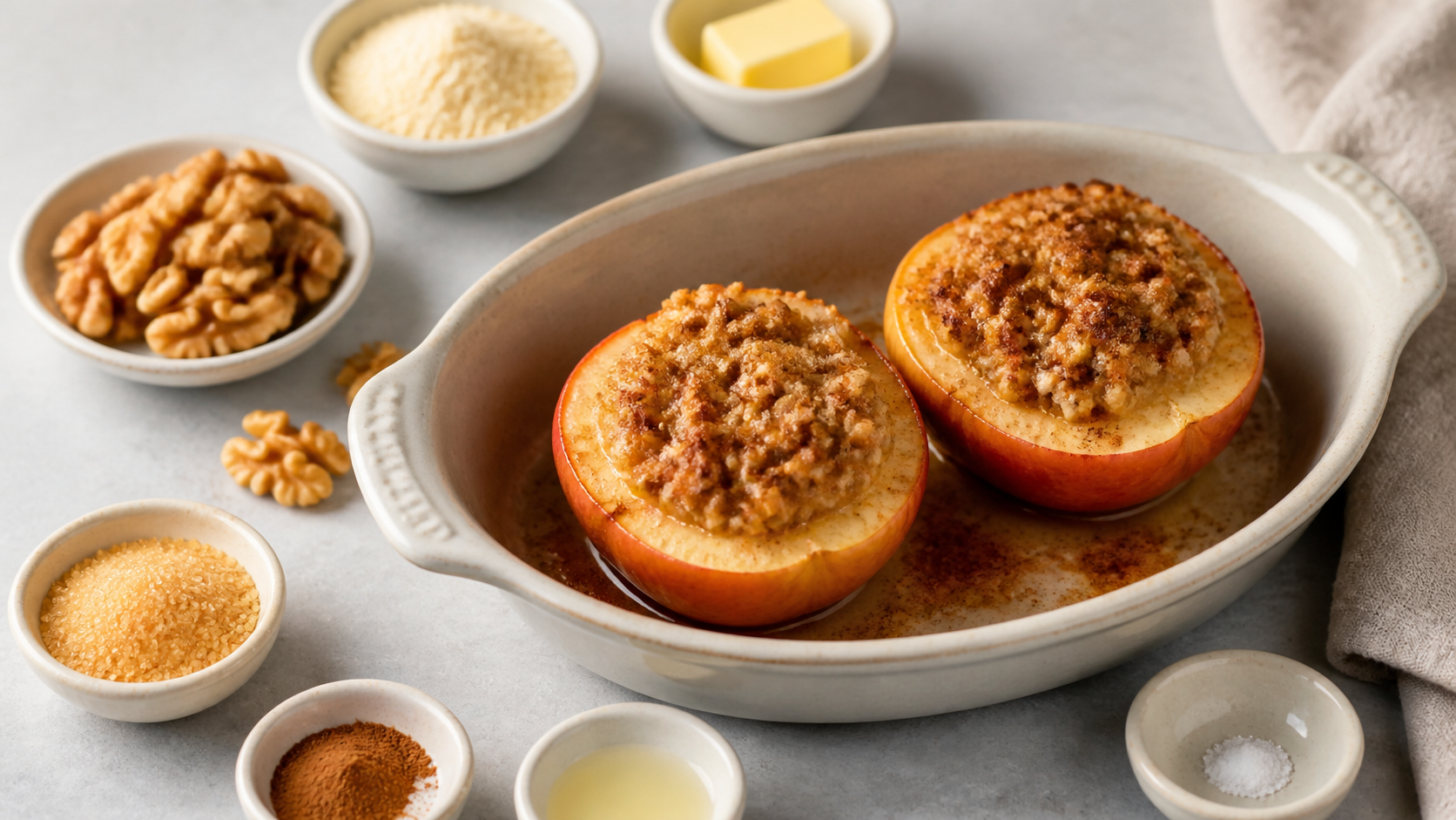 Keto-Bratapfel: zwei gefüllte Apfelhälften mit goldbrauner Marzipan-Walnuss-Haube in einer Auflaufform
