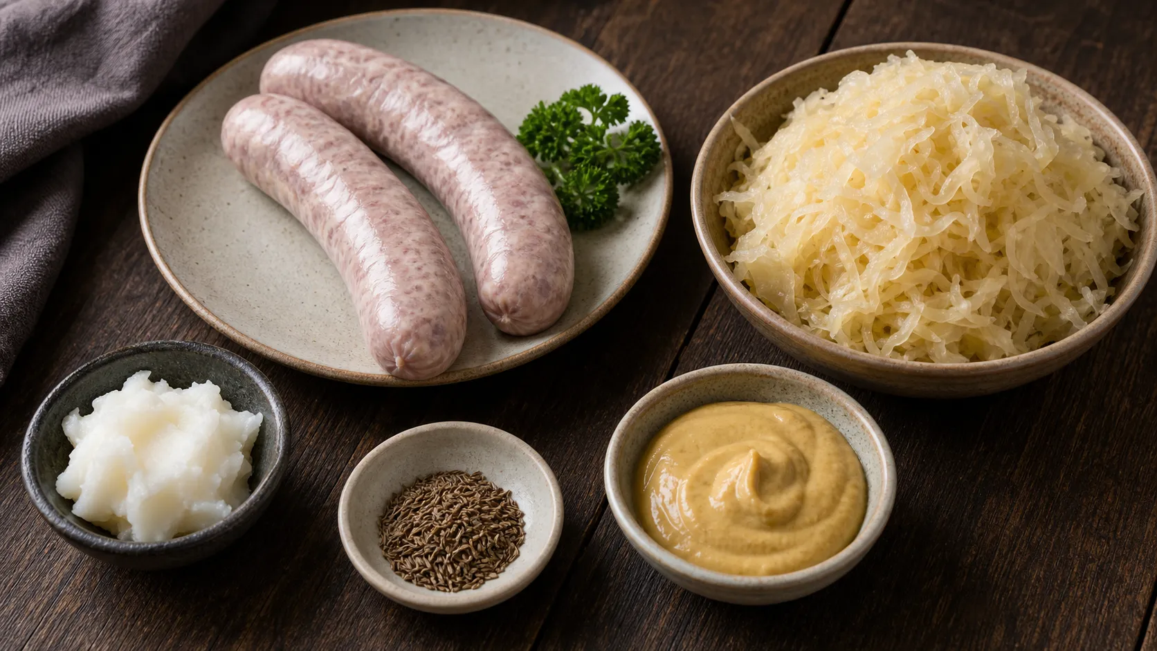 Zutaten für die Keto Bratwurst-Sauerkraut-Pfanne: Bratwürste, Sauerkraut, Schmalz, Senf und Kümmel
