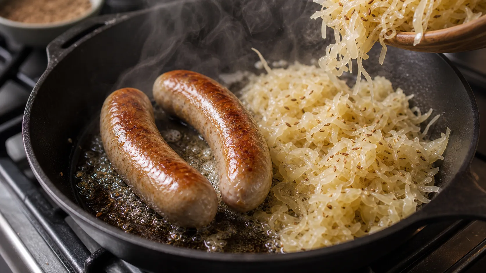 Bratwürste werden in Schmalz in der Pfanne goldbraun angebraten