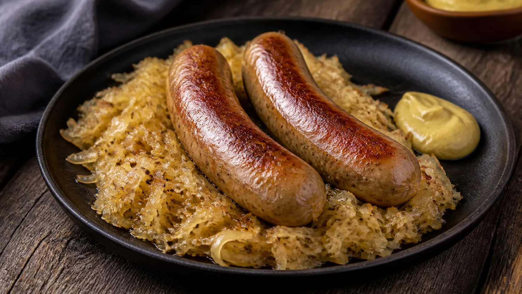 Keto Bratwurst-Sauerkraut-Pfanne mit zwei goldbraun gebratenen Bratwürsten auf warmem Sauerkraut