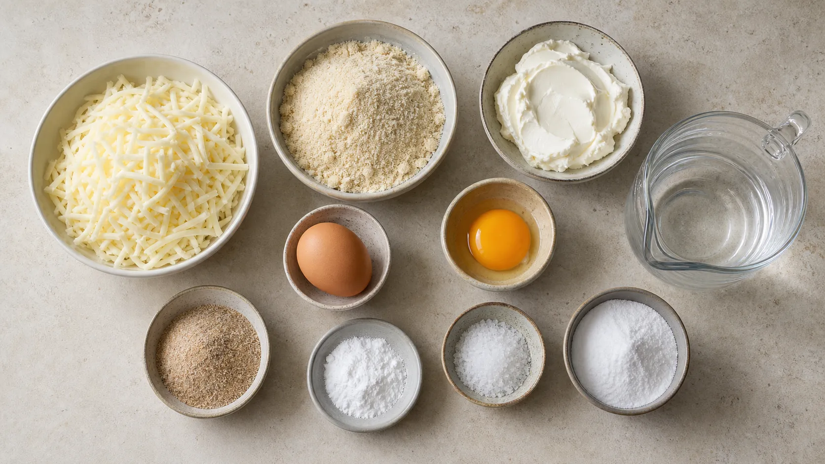 Zutaten für Keto Brezeln: geriebener Mozzarella, Mandelmehl, Frischkäse, Ei, Natron und grobes Salz