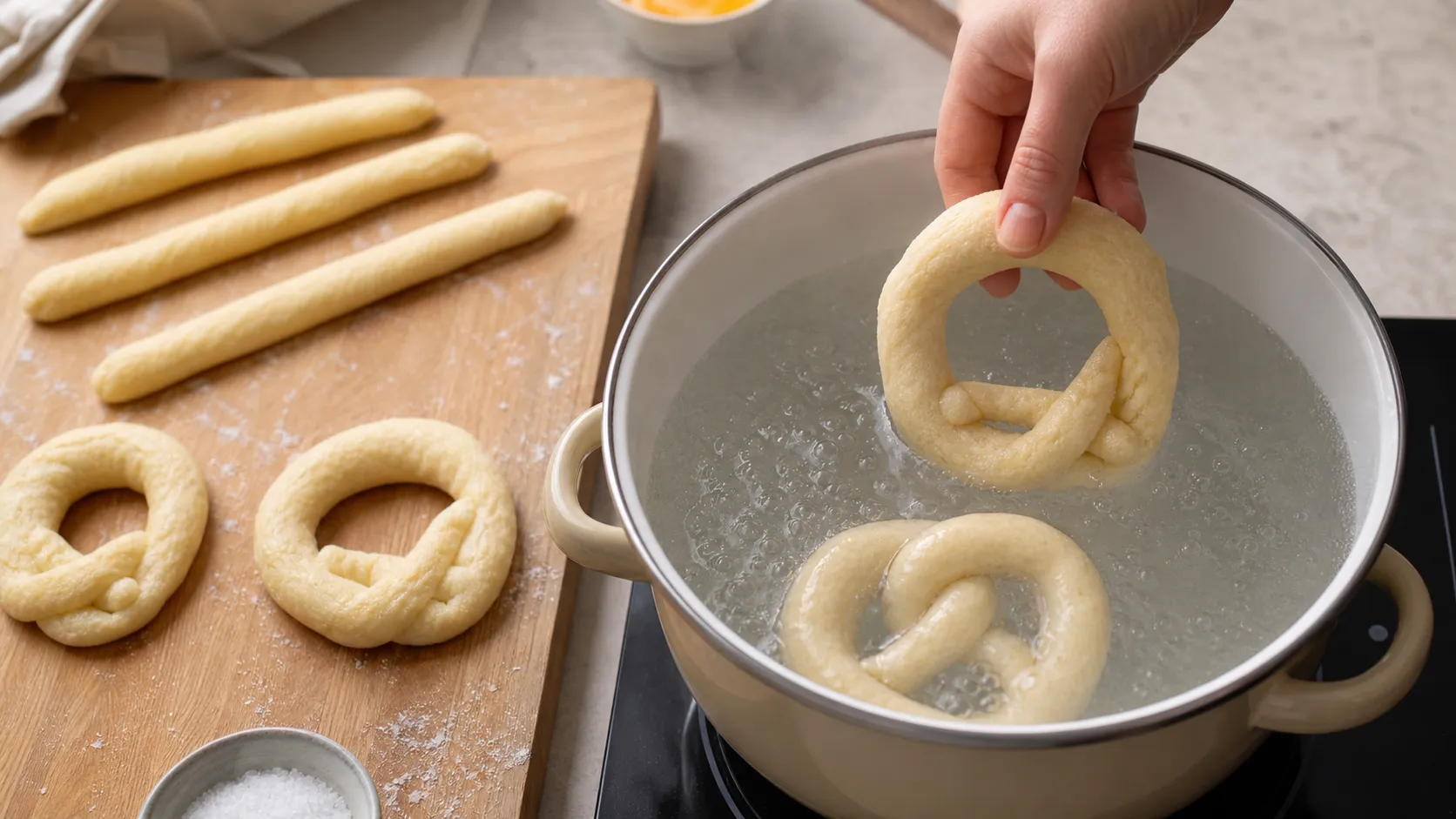 Ein Teigstrang wird zur Brezel geschlungen und anschließend kurz in das kochende Natronbad getaucht