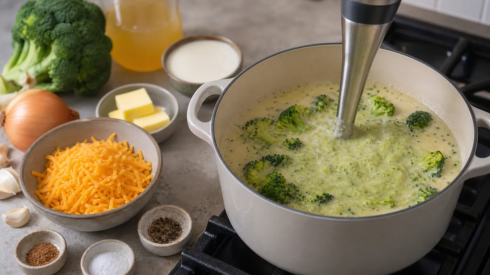 Brokkoli-Suppe wird im Topf mit dem Stabmixer püriert bevor Cheddar eingerührt wird