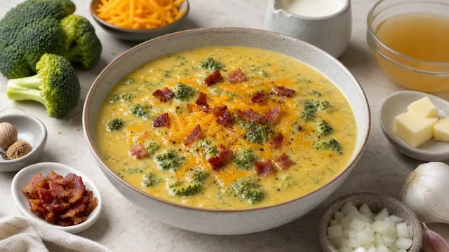 Cremige Keto-Brokkoli-Cheddar-Suppe mit Brokkolistücken, geschmolzenem Cheddar und Speckwürfeln