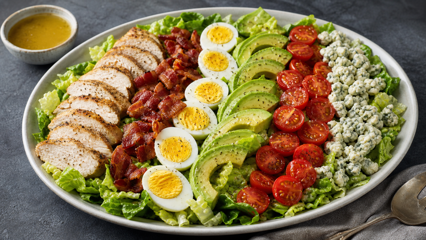 Keto-Brokkoli-Salat mit gebratenen Hähnchenstücken, knusprigem Speck, gehobelten Mandeln und cremigem Dressing in einer Schüssel
