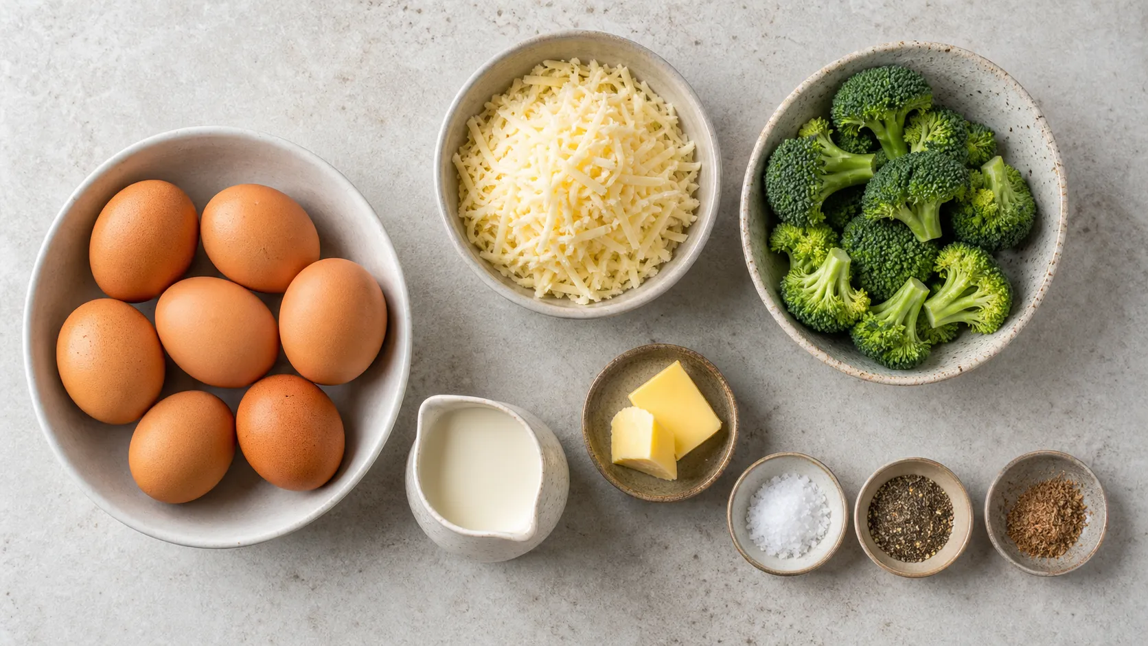 Zutaten für eine Keto-Frittata: Eier, Brokkoliröschen, geriebener Käse, Sahne und Butter