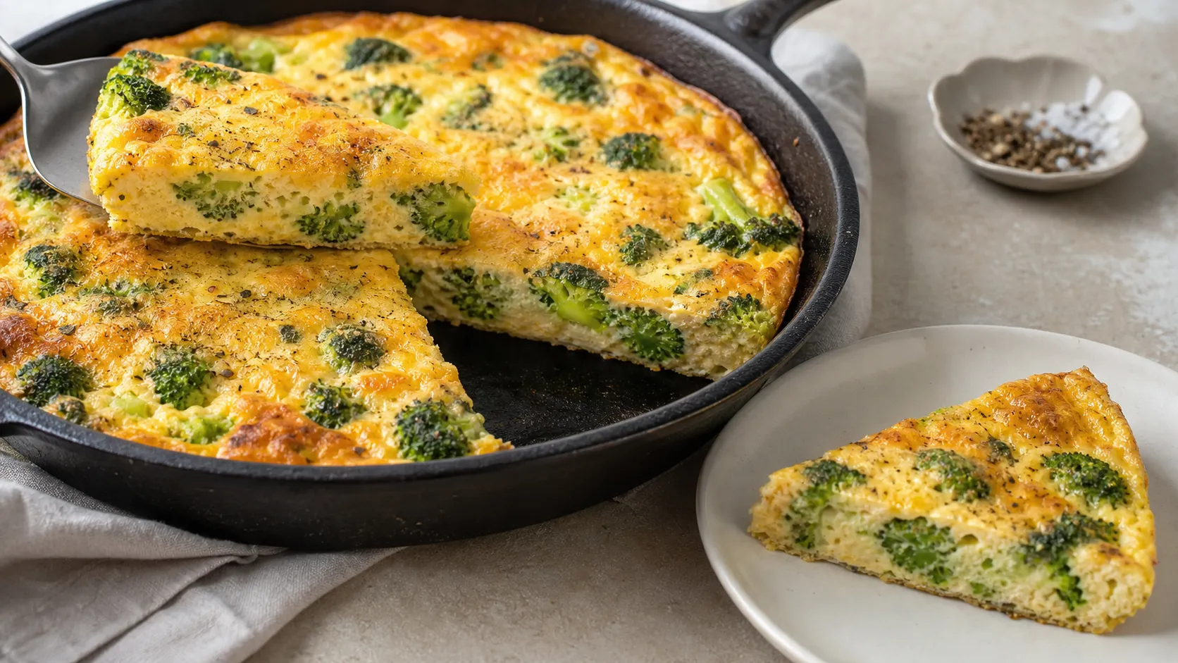Goldene Keto-Frittata mit Brokkoliröschen und geschmolzenem Käse in einer Pfanne, in Stücke geschnitten