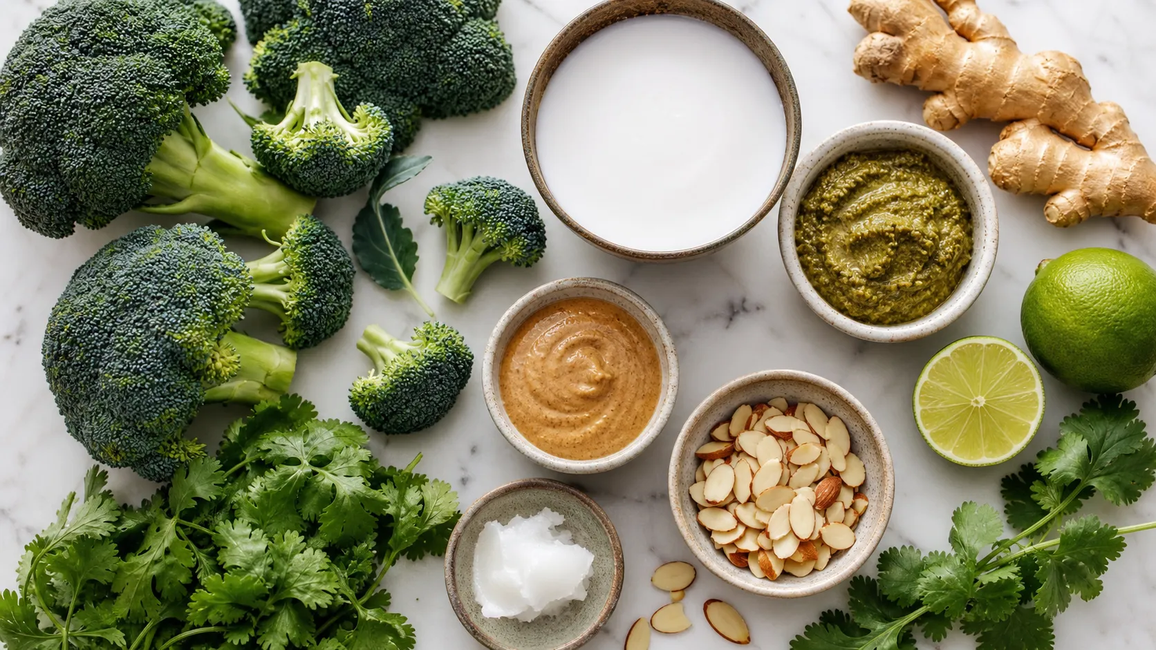 Zutaten für das Keto Brokkoli-Mandel-Curry: Brokkoli, Kokosmilch, Mandelmus, grüne Currypaste, Kokosöl, Ingwer, Limette und Mandelblättchen