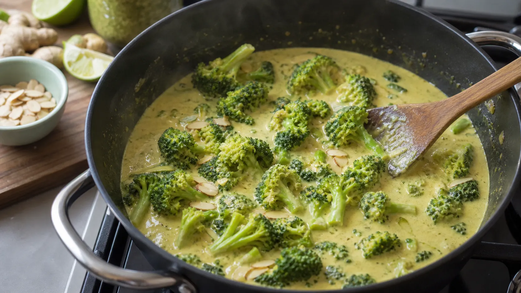 Brokkoliröschen werden in einer Pfanne mit Kokosmilch-Mandel-Curry-Sauce gegart