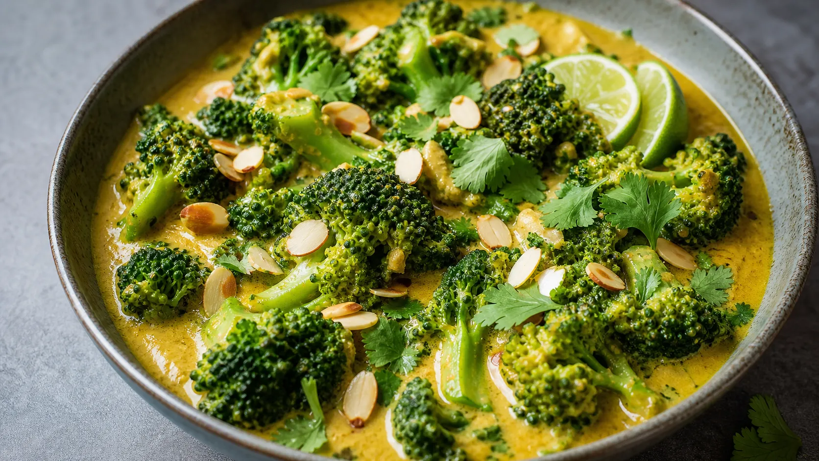Keto Brokkoli-Mandel-Curry mit saftig grünen Brokkoliröschen in cremiger goldgelber Kokosmilch-Mandel-Sauce, garniert mit Mandelblättchen und Koriander