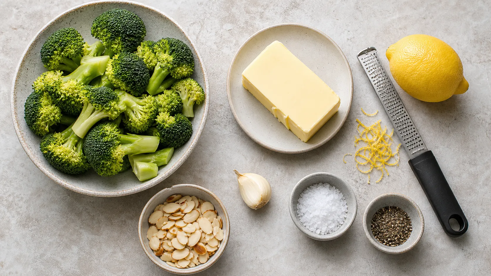 Zutaten für Keto-Brokkoli mit Mandelbutter: Brokkoli, Butter, Mandeln, Zitrone, Knoblauch, Salz und Pfeffer