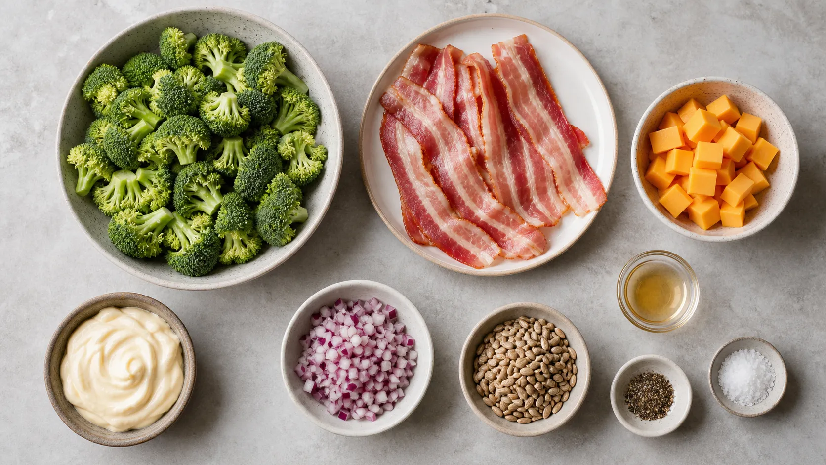 Zutaten für Keto-Brokkoli-Speck-Salat: Brokkoli, Speck, Cheddar, rote Zwiebel, Mayonnaise und Sonnenblumenkerne