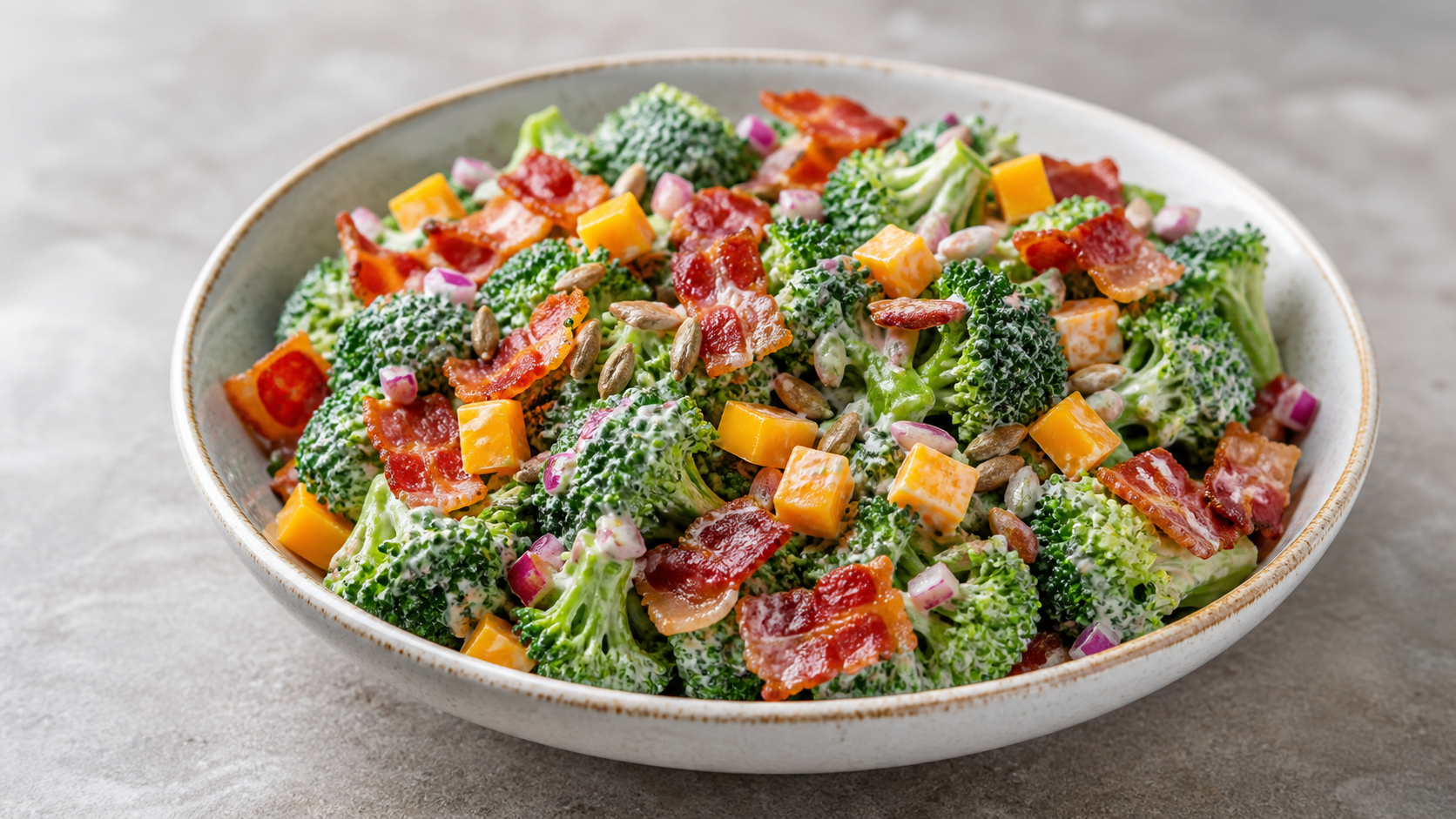Kalter Keto-Brokkoli-Speck-Salat mit Cheddar, roter Zwiebel und cremigem Mayonnaise-Dressing in einer Schüssel