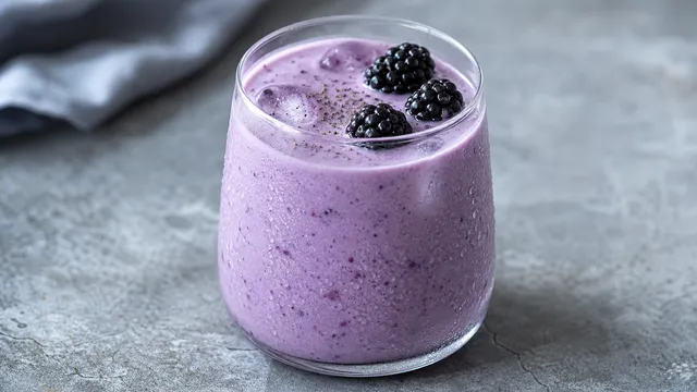 Violetter Keto-Brombeer-Buttermilch-Shake im Glas mit Eiswürfeln und frischen Brombeeren garniert