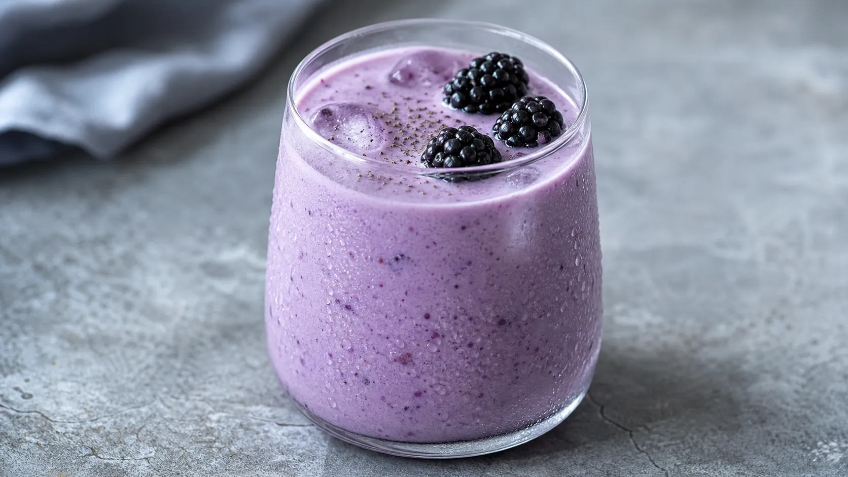 Violetter Keto-Brombeer-Buttermilch-Shake im Glas mit Eiswürfeln und frischen Brombeeren garniert