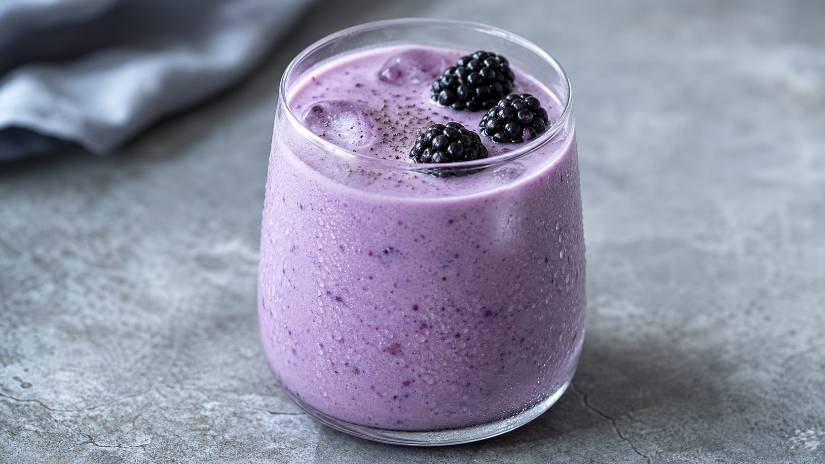 Violetter Keto-Brombeer-Buttermilch-Shake im Glas mit Eiswürfeln und frischen Brombeeren garniert