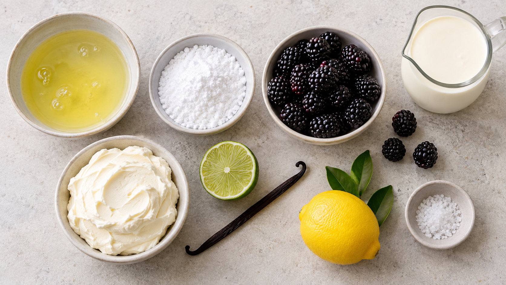 Zutaten für das Dessert: Eiweiß, Puder-Erythrit, frische Brombeeren, Sahne, Mascarpone, Vanille und eine Limette