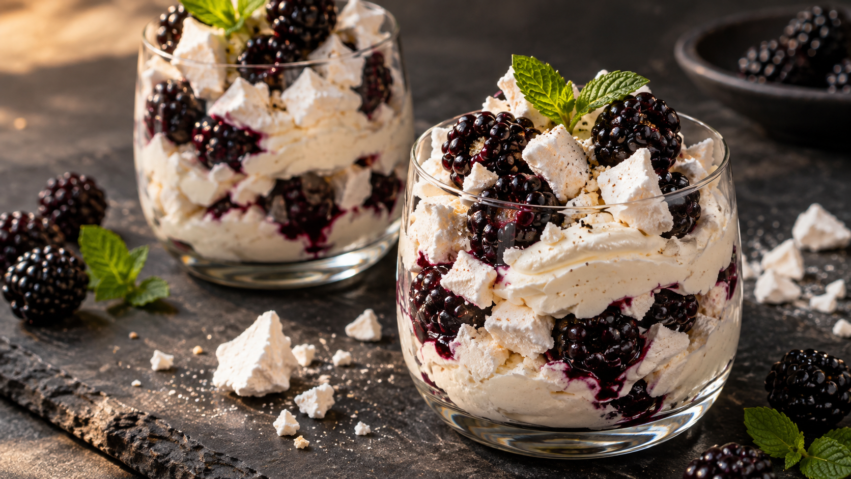 Dessertglas mit Schichten aus Vanillesahne, zerbrochenen Baiserstücken und frischen Brombeeren, garniert mit Minzblättern
