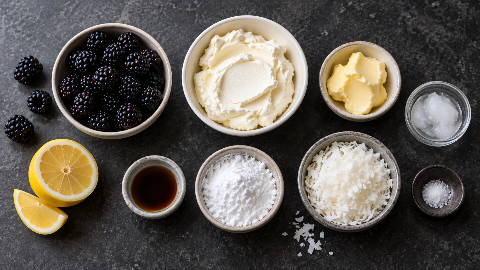 Zutaten für Fat Bombs: frische Brombeeren, Frischkäse, weiche Butter, Kokosöl, Erythrit und Kokosraspel
