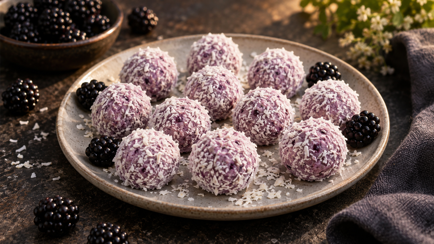 Zwölf hellviolette Fat-Bomb-Kugeln mit Brombeeren und Frischkäse, in Kokosraspeln gewälzt, auf einem Teller