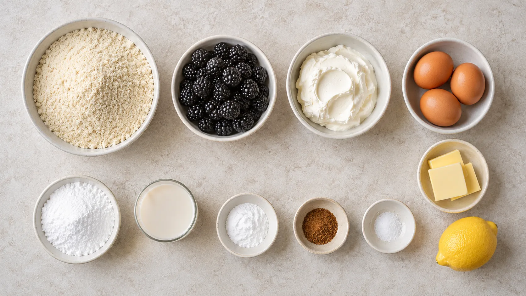 Zutaten für Keto-Brombeer-Muffins: frische Brombeeren, Mandelmehl, Doppelrahm-Frischkäse, Eier, Butter, Erythrit, Backpulver, Zitrone und Vanille