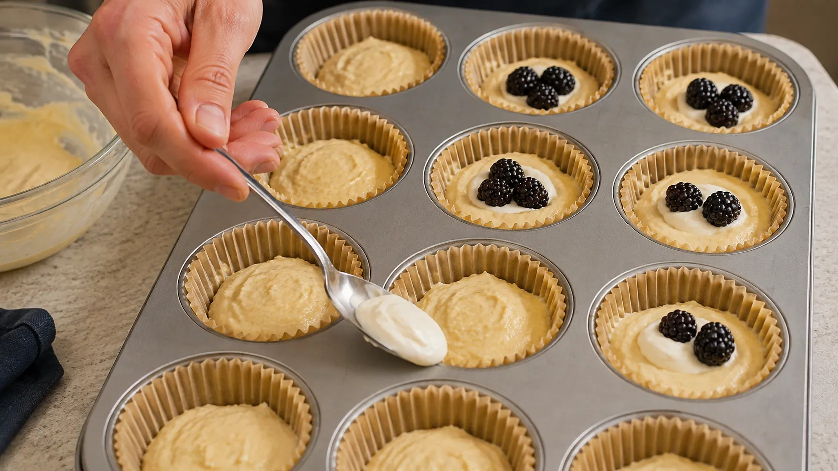 Muffinblech mit Papierförmchen, halb mit hellem Mandelmehl-Teig gefüllt, in jede Mulde wird ein Löffel Frischkäsecreme gesetzt und mit Brombeeren belegt