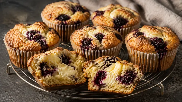 Goldbraune Mandelmehl-Muffins in Papierförmchen auf einem Gitter, einer aufgebrochen mit sichtbarem cremigem Frischkäse-Kern und dunklen Brombeeren im Teig