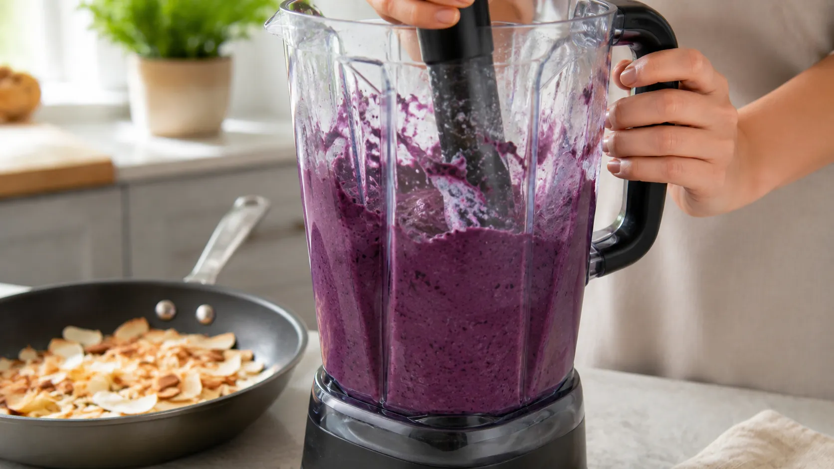 Standmixer mit dickflüssiger violetter Brombeer-Kokos-Masse, daneben eine Pfanne mit goldbraun gerösteten Mandelblättchen