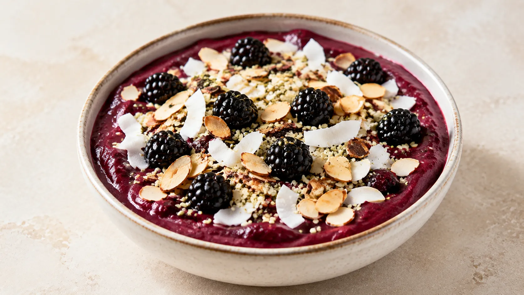 Dunkelviolette Keto-Smoothie-Bowl aus Brombeeren und Kokosmilch, garniert mit gerösteten Mandelblättchen, Kokoschips, Hanfsamen und frischen Brombeeren