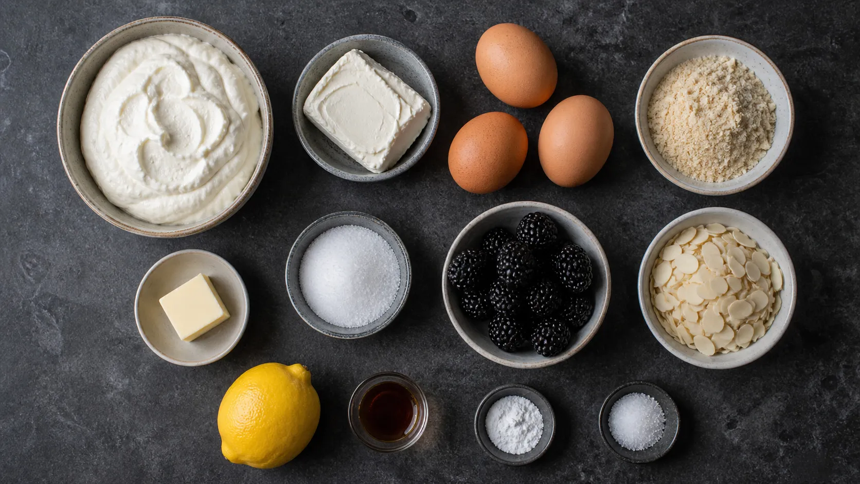 Zutaten für den Auflauf: Schale mit Sahnequark, Frischkäse, Eier, gemahlene Mandeln, Erythrit, Zitrone und frische Brombeeren