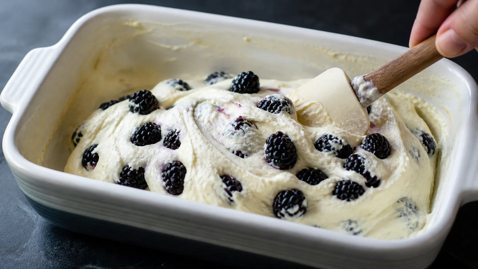 Brombeeren werden vorsichtig unter die helle Quarkmasse in der Auflaufform gehoben
