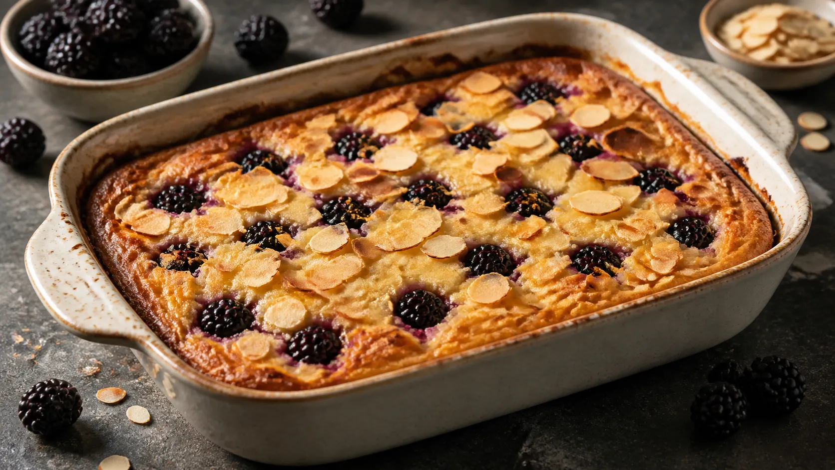 Auflaufform mit goldbraun gebackenem Quarkauflauf, durchsetzt mit dunklen Brombeeren und gerösteten Mandelblättchen