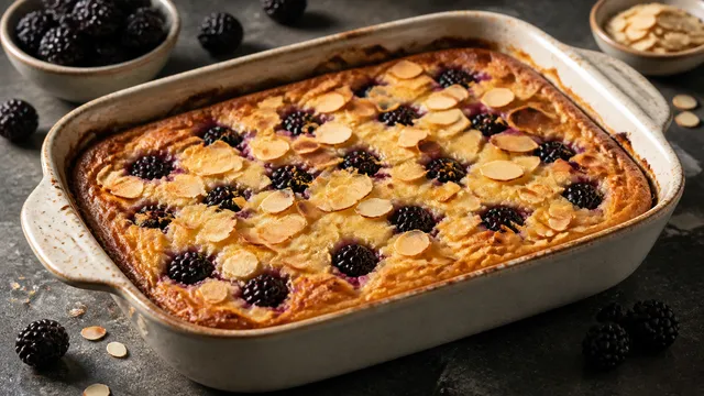 Auflaufform mit goldbraun gebackenem Quarkauflauf, durchsetzt mit dunklen Brombeeren und gerösteten Mandelblättchen