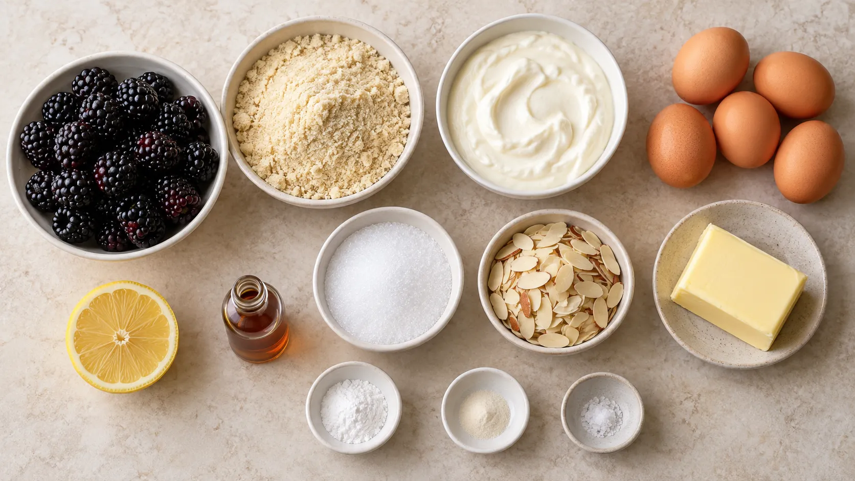 Zutaten für den Kuchen: frische Brombeeren, gemahlene Mandeln, Schmand, Eier, Butter, Erythrit und Mandelblättchen