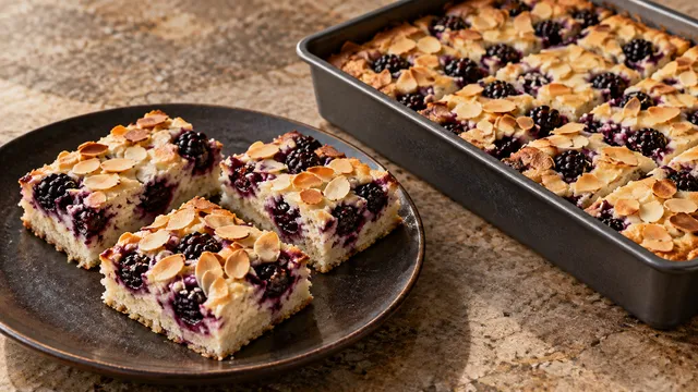 Angeschnittener Blechkuchen mit heller Schmandschicht, dunklen Brombeeren und gerösteten Mandelblättchen