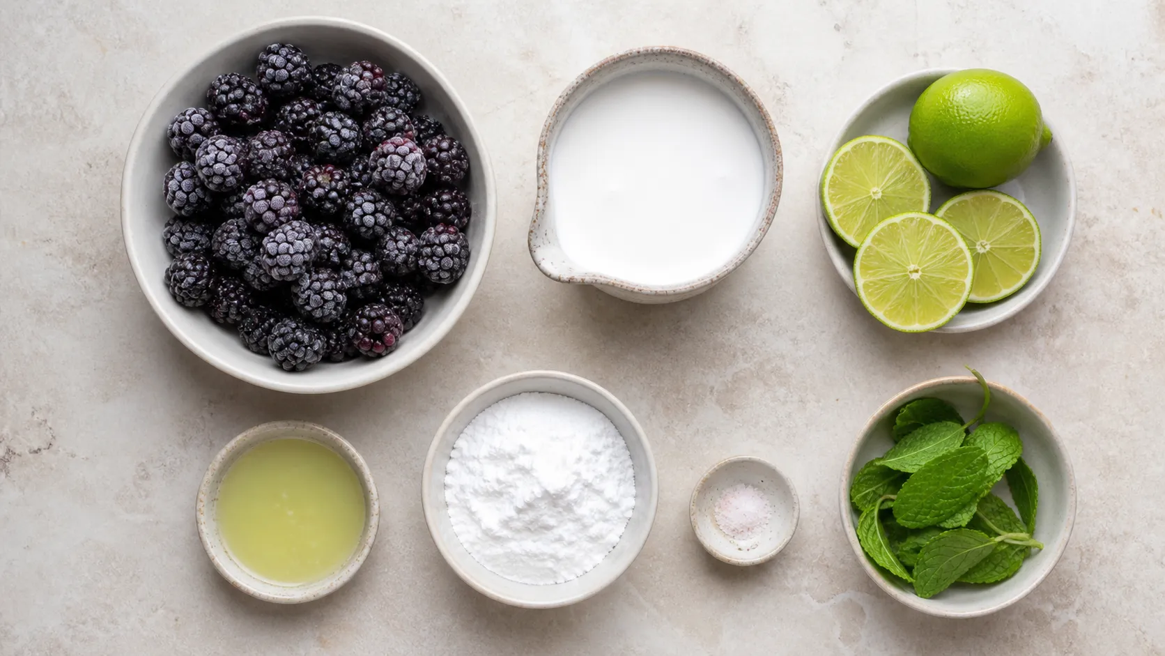 Zutaten für Keto-Brombeer-Sorbet: gefrorene Brombeeren, Kokosmilch, Limette und Erythrit