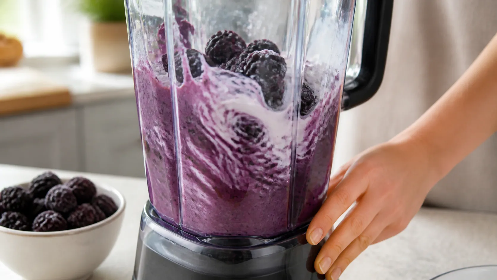 Gefrorene Brombeeren und Kokosmilch werden im Standmixer zu cremigem Sorbet verarbeitet
